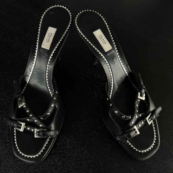SOLD‼️ PRADA Black Leather Studded Straps Kitten Heels Sandals Mules Shoes - Picture 5 of 7